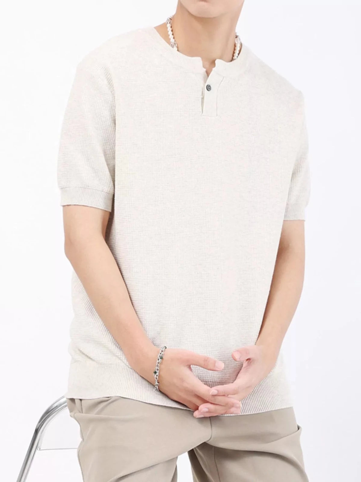 Men's Plus Size Casual Knitted Henley T-Shirt in Flower Apricot Color