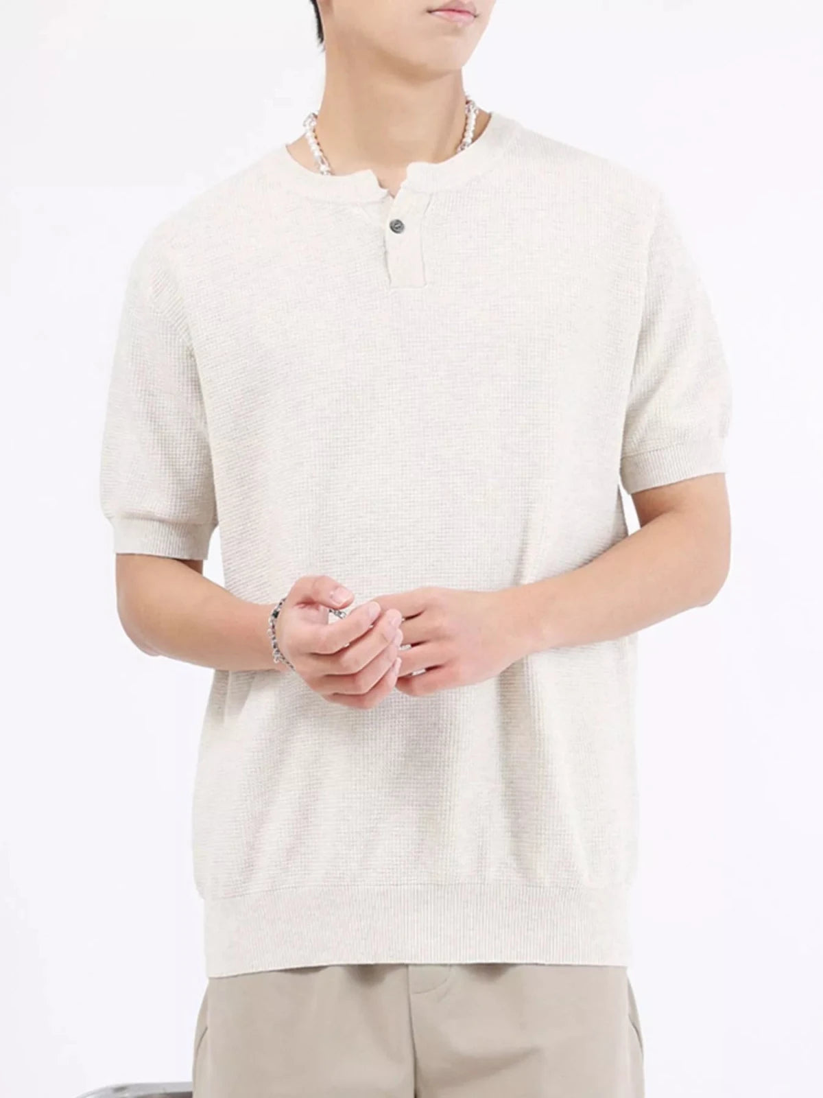 Men's Plus Size Casual Knitted Henley T-Shirt in Flower Apricot Color
