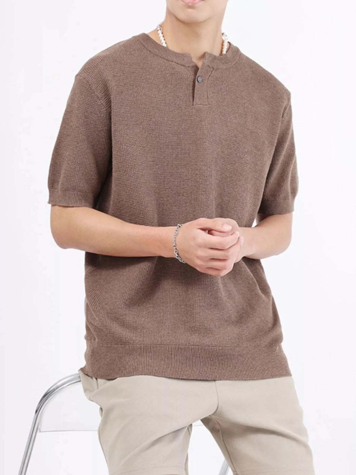 Men's Plus Size Casual Knitted Henley T-Shirt in Flower Brown