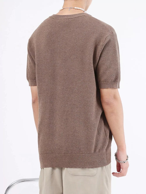 Men's Plus Size Casual Knitted Henley T-Shirt in Flower Brown