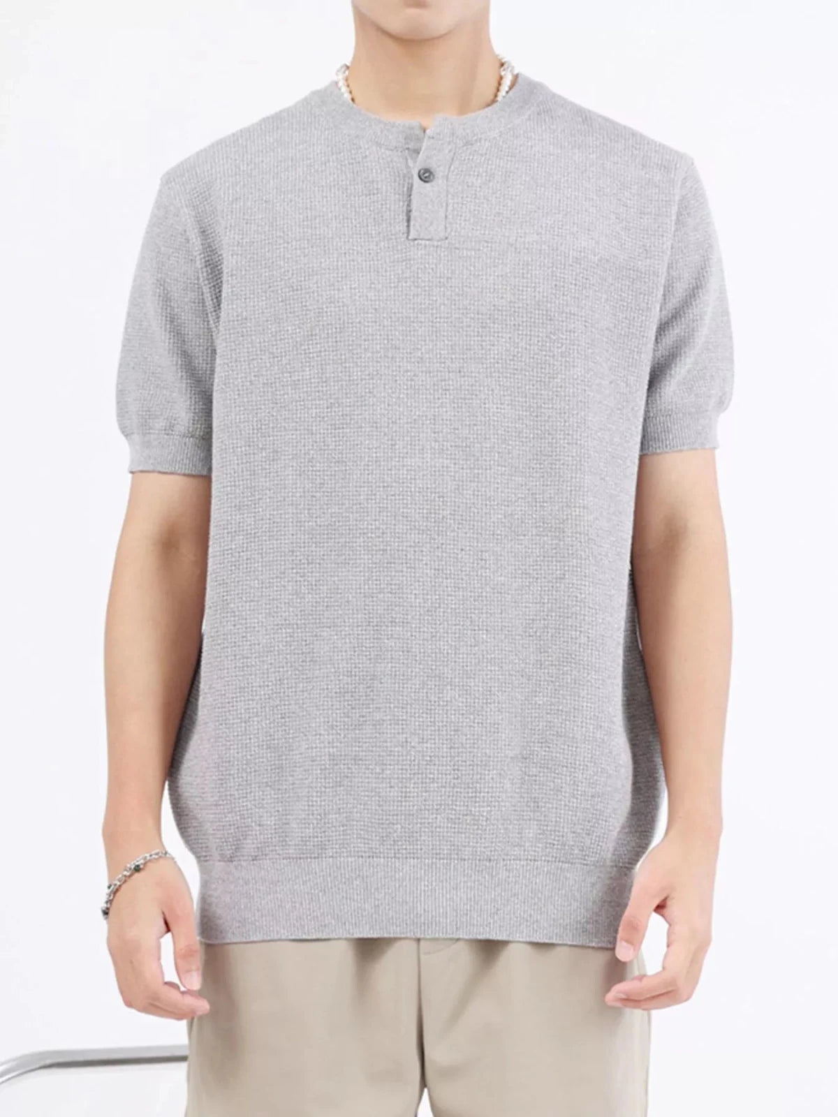 Men's Plus Size Casual Knitted Henley T-Shirt in Flower Gray