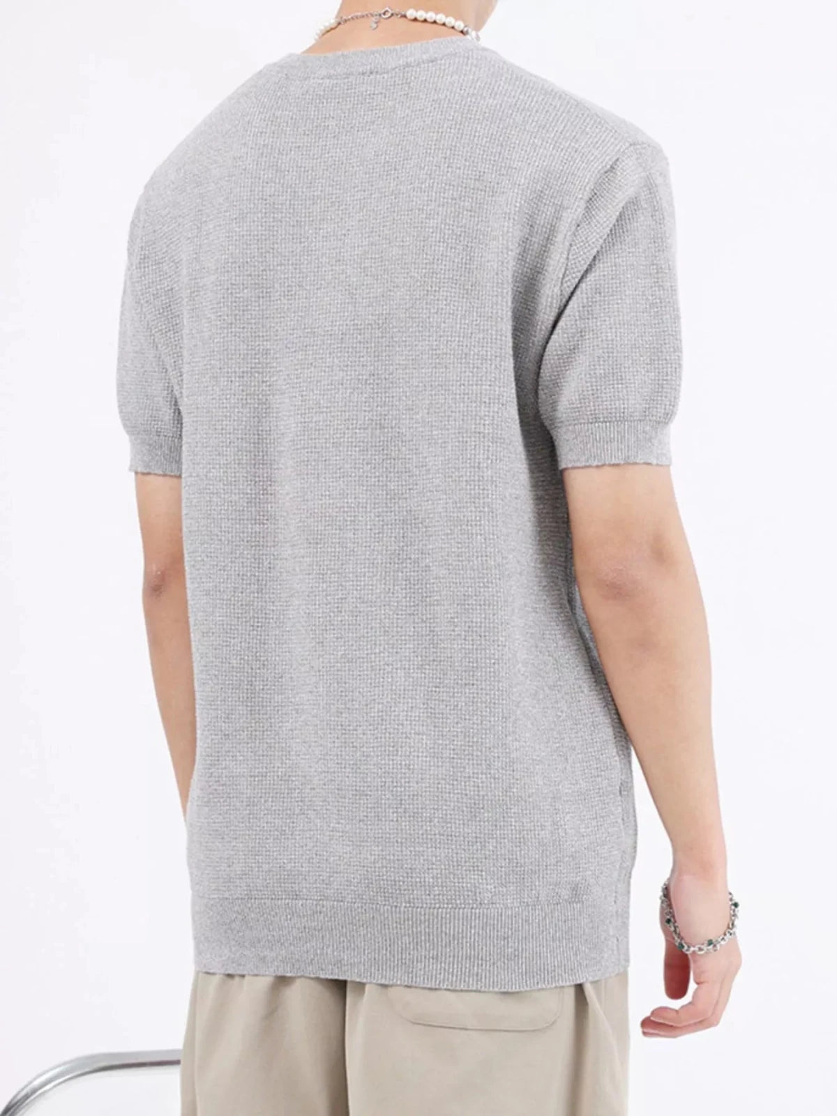 Men's Plus Size Casual Knitted Henley T-Shirt in Flower Gray
