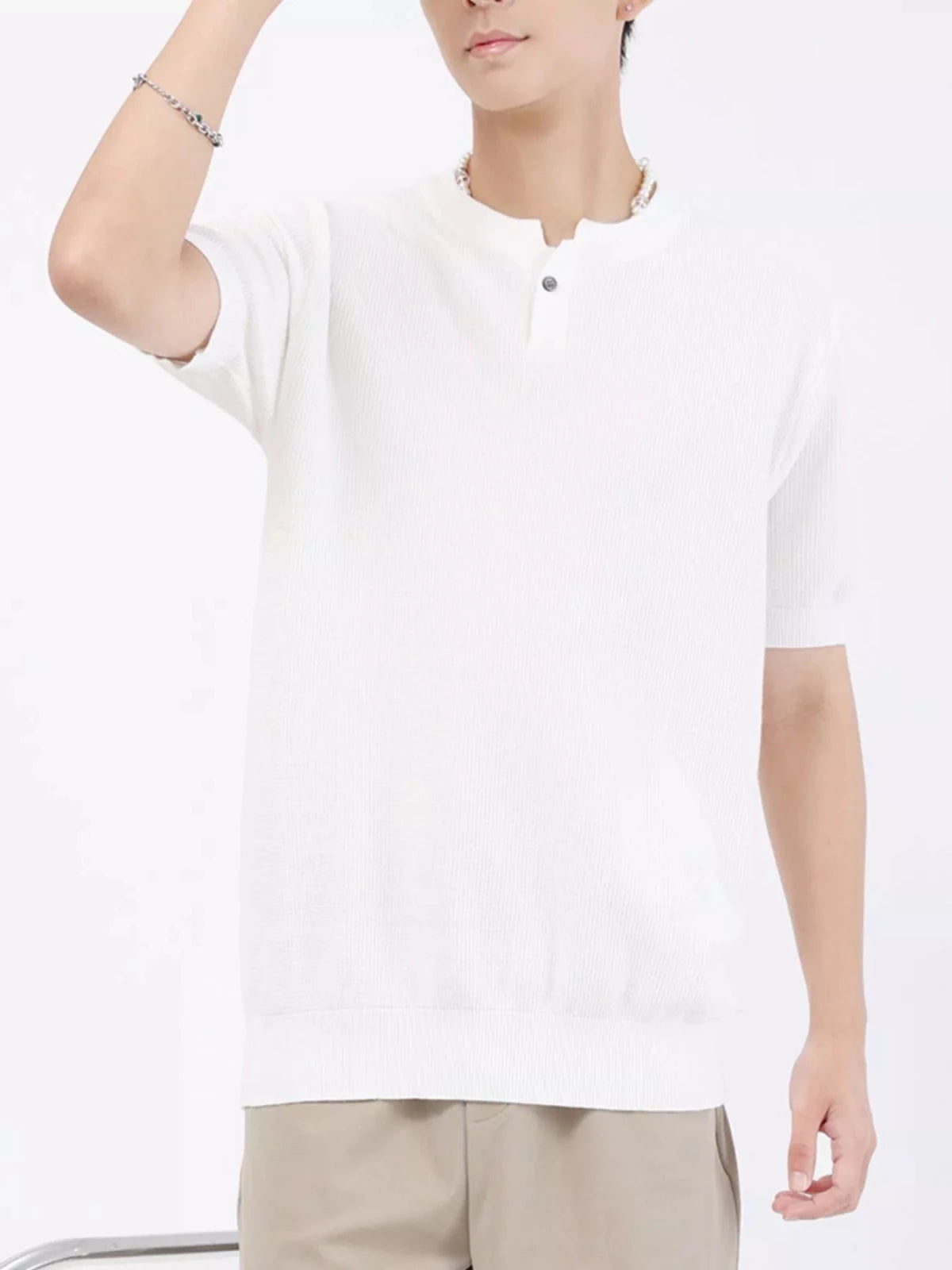 Men's Plus Size Casual Knitted Henley T-Shirt in White