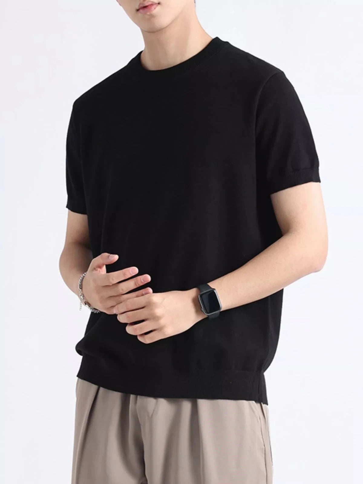 Men's Plus Size Casual Knitted Short Sleeve T-Shirt in Black