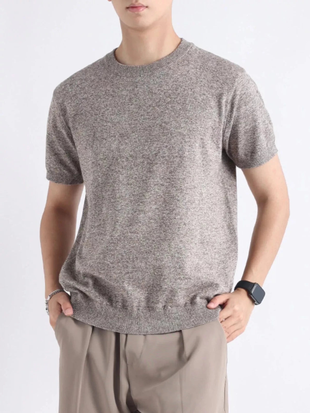 Men's Plus Size Casual Knitted Short Sleeve T-Shirt in Colorful Coffee Color