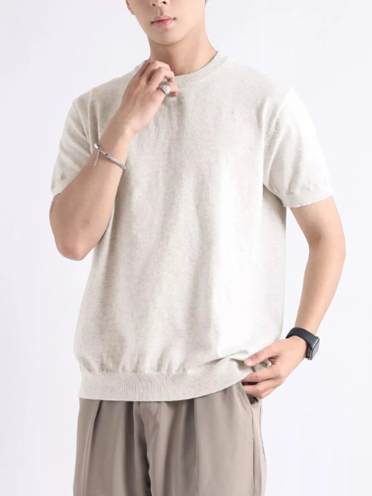 Men's Plus Size Casual Knitted Short Sleeve T-Shirt in Flower Apricot Color