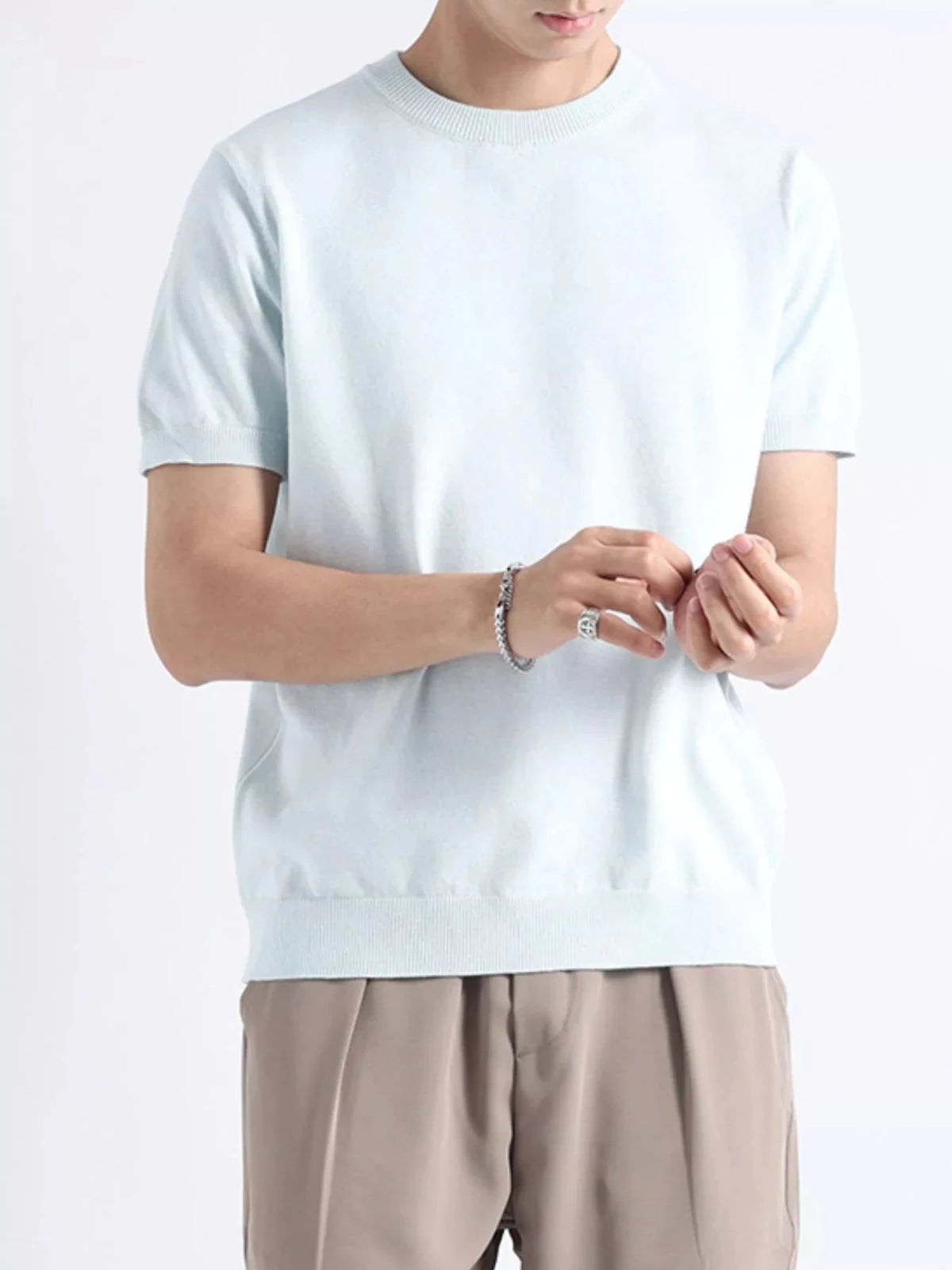 Men's Plus Size Casual Knitted Short Sleeve T-Shirt in Flower Blue