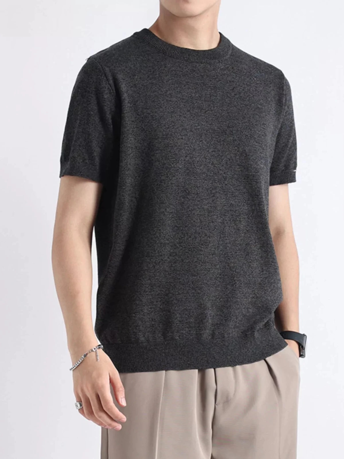 Men's Plus Size Casual Knitted Short Sleeve T-Shirt in Flower Charcoal Gray