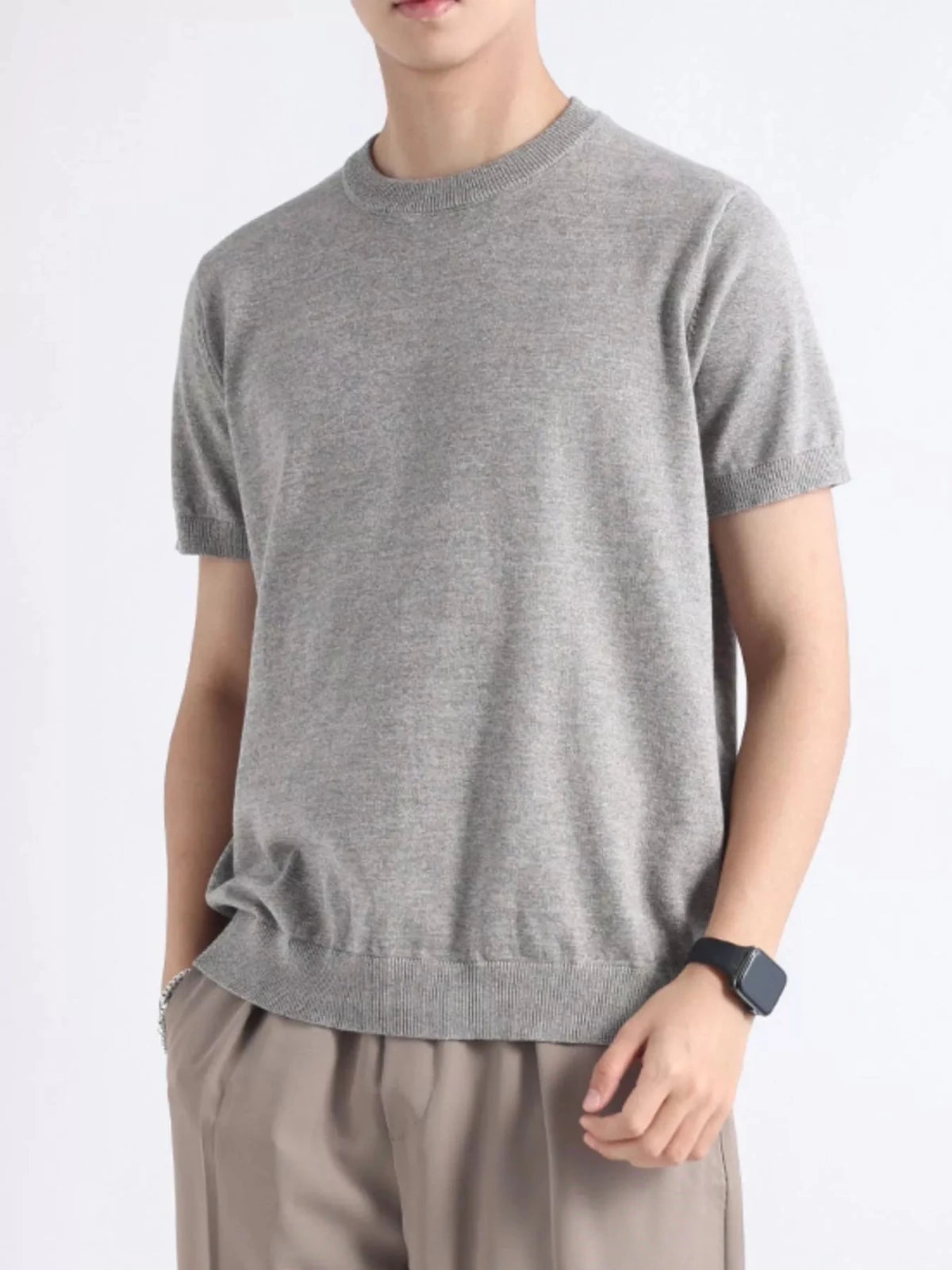 Men's Plus Size Casual Knitted Short Sleeve T-Shirt in Flower Gray