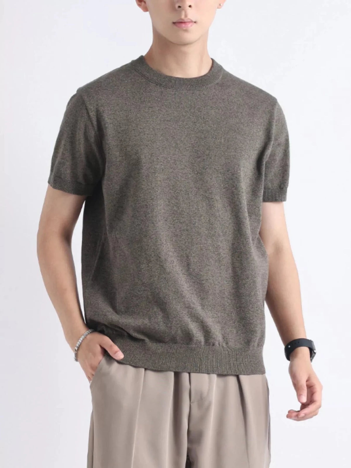 Men's Plus Size Casual Knitted Short Sleeve T-Shirt in Flower Green