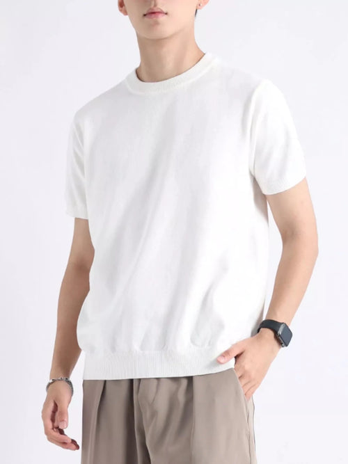 Men's Plus Size Casual Knitted Short Sleeve T-Shirt in White