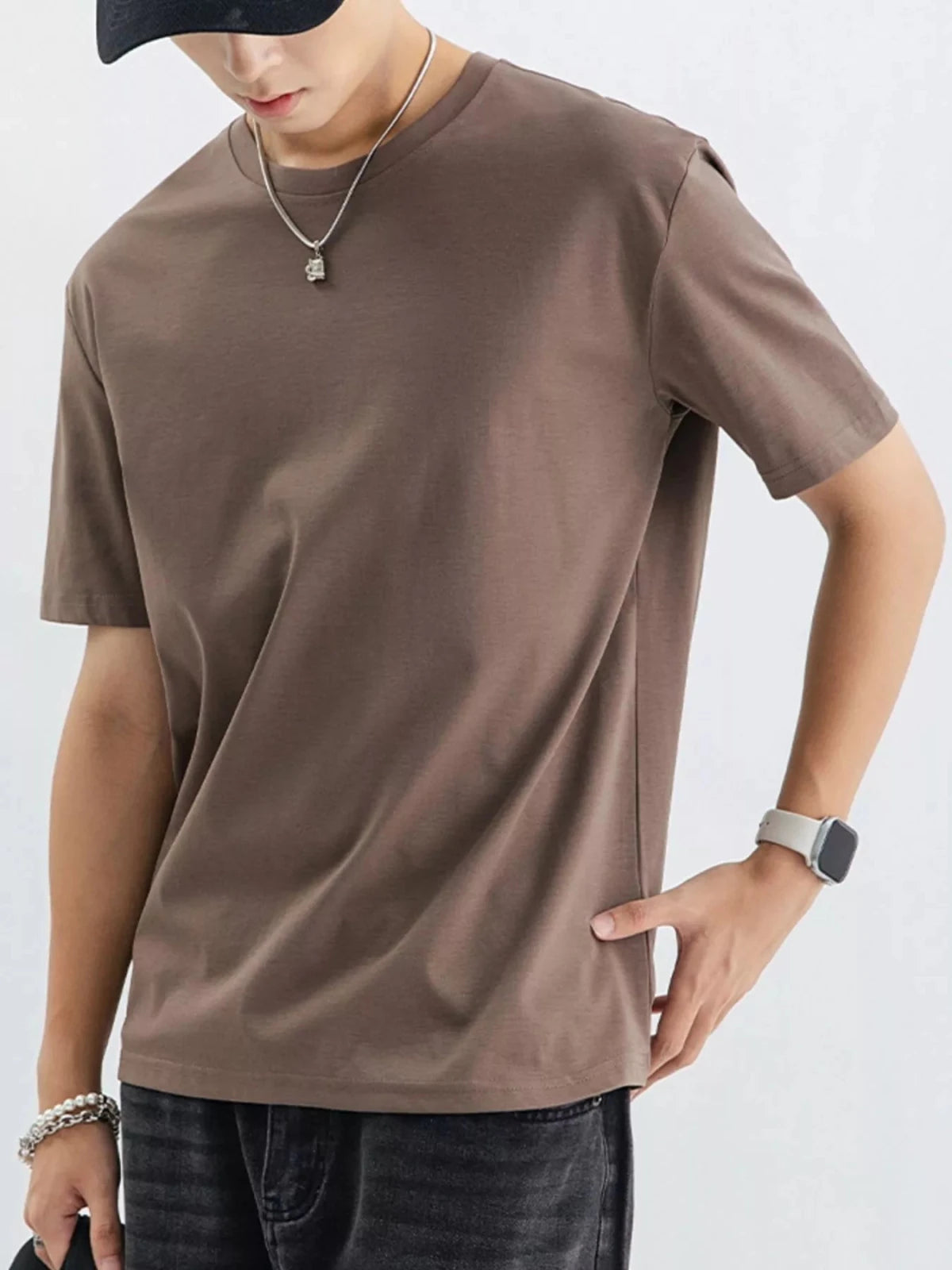 Men's Plus Size Casual Solid Color T-Shirt in Coffee