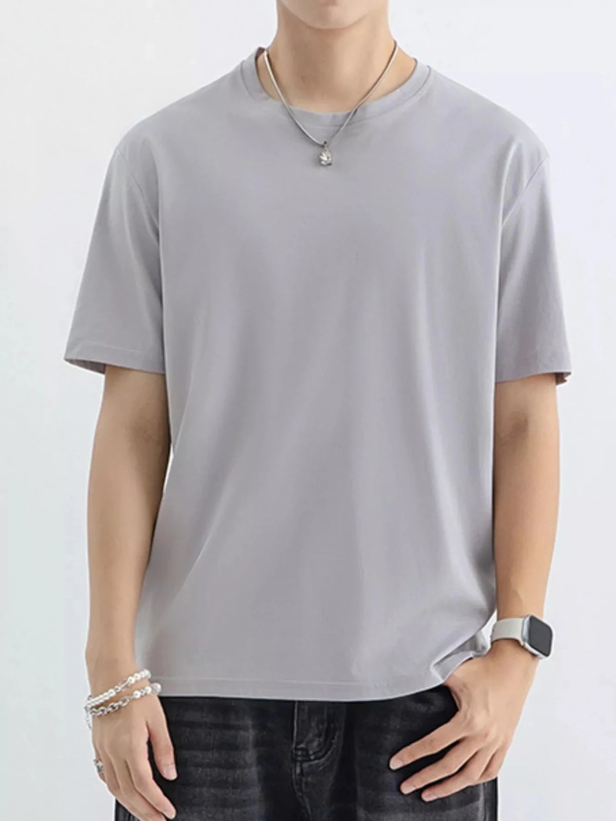 Men's Plus Size Casual Solid Color T-Shirt in Light Gray