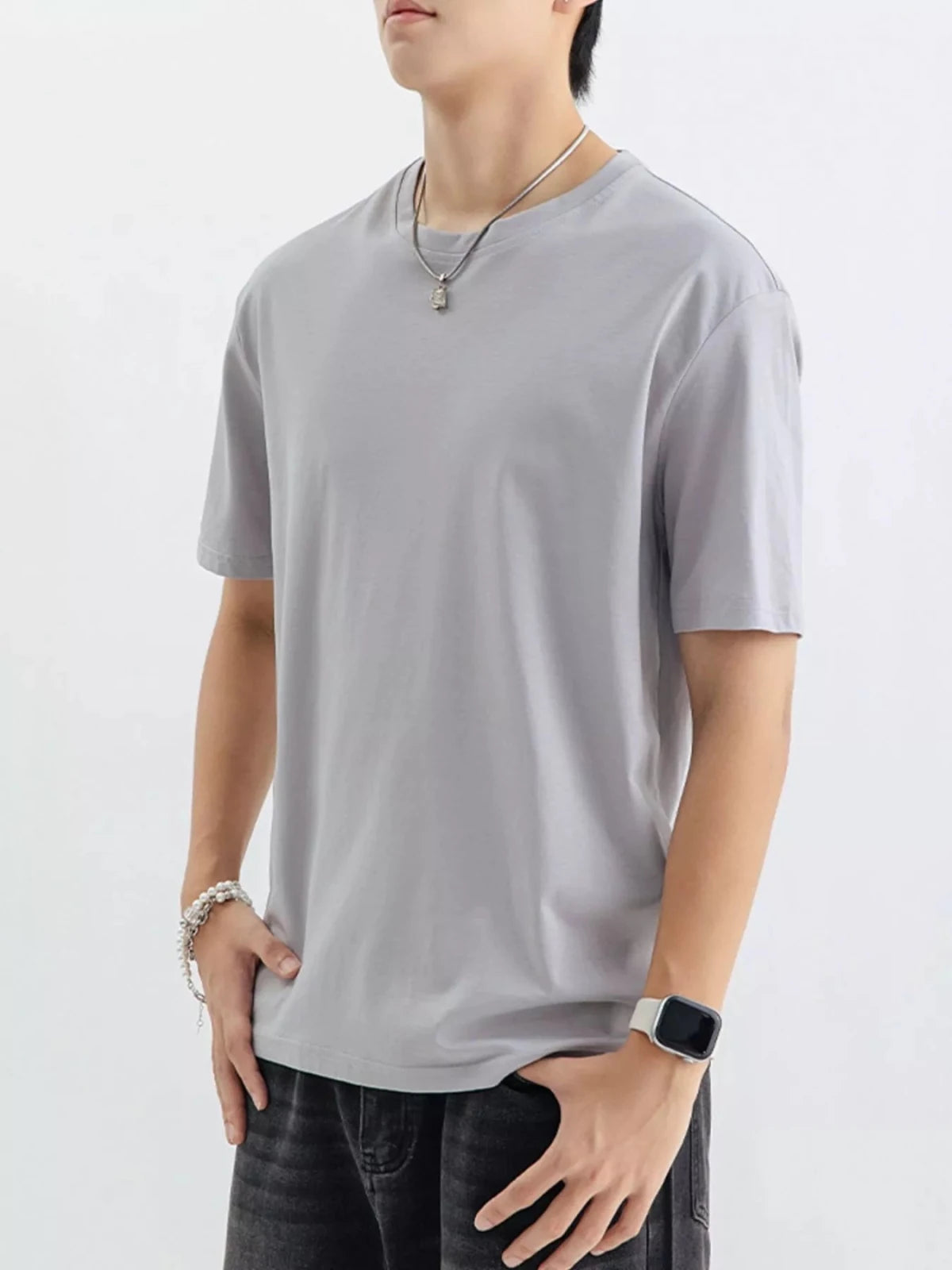 Men's Plus Size Casual Solid Color T-Shirt in Light Gray