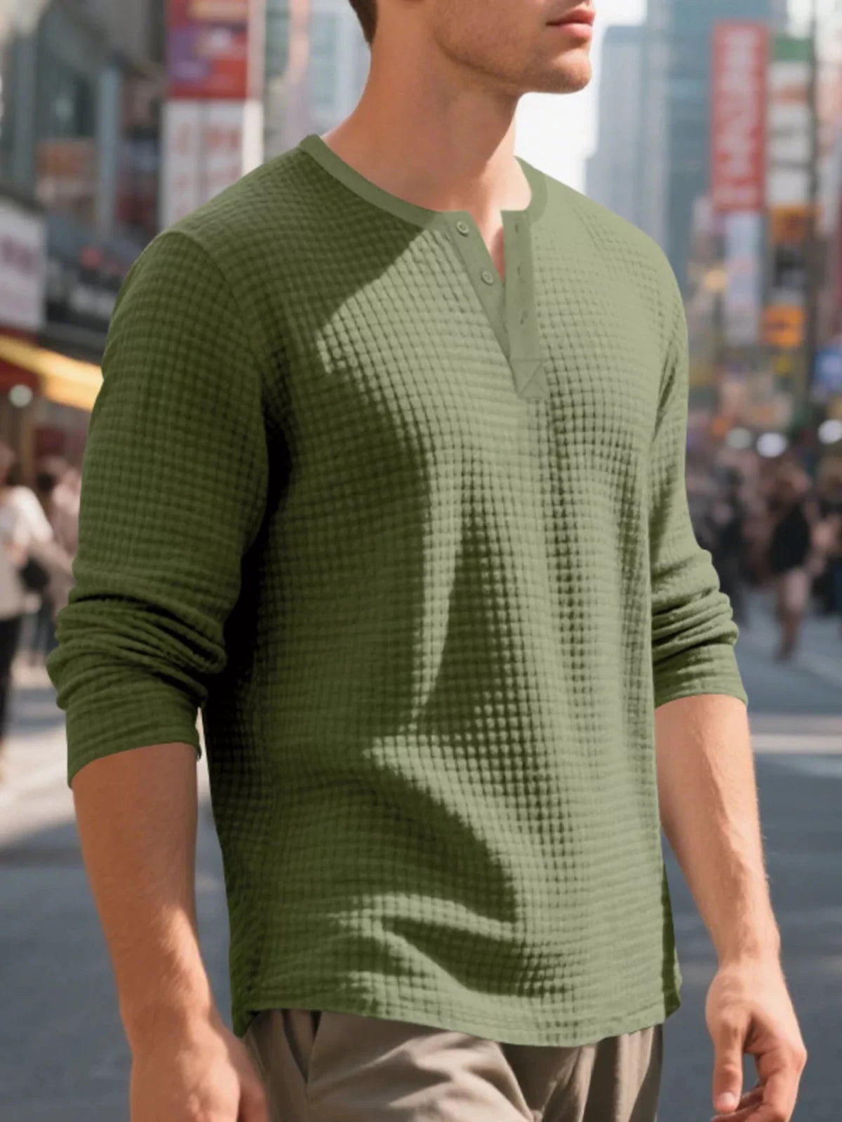 Men's Plus Size Casual Waffle Knit Henley T-Shirt in Army Green