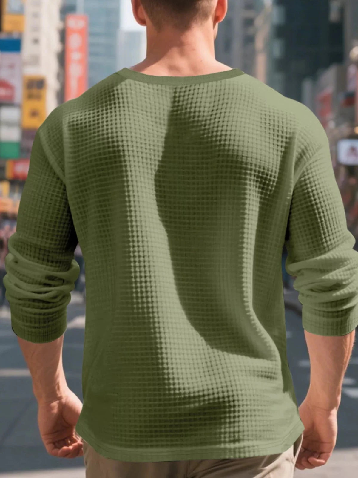Men's Plus Size Casual Waffle Knit Henley T-Shirt in Army Green