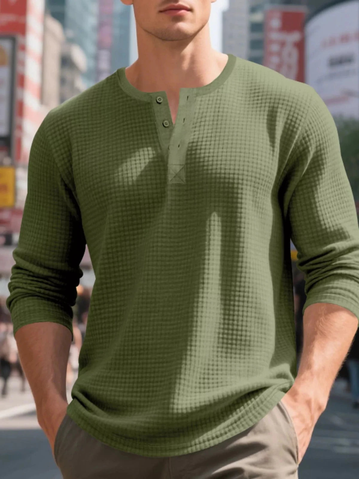 Men's Plus Size Casual Waffle Knit Henley T-Shirt in Army Green