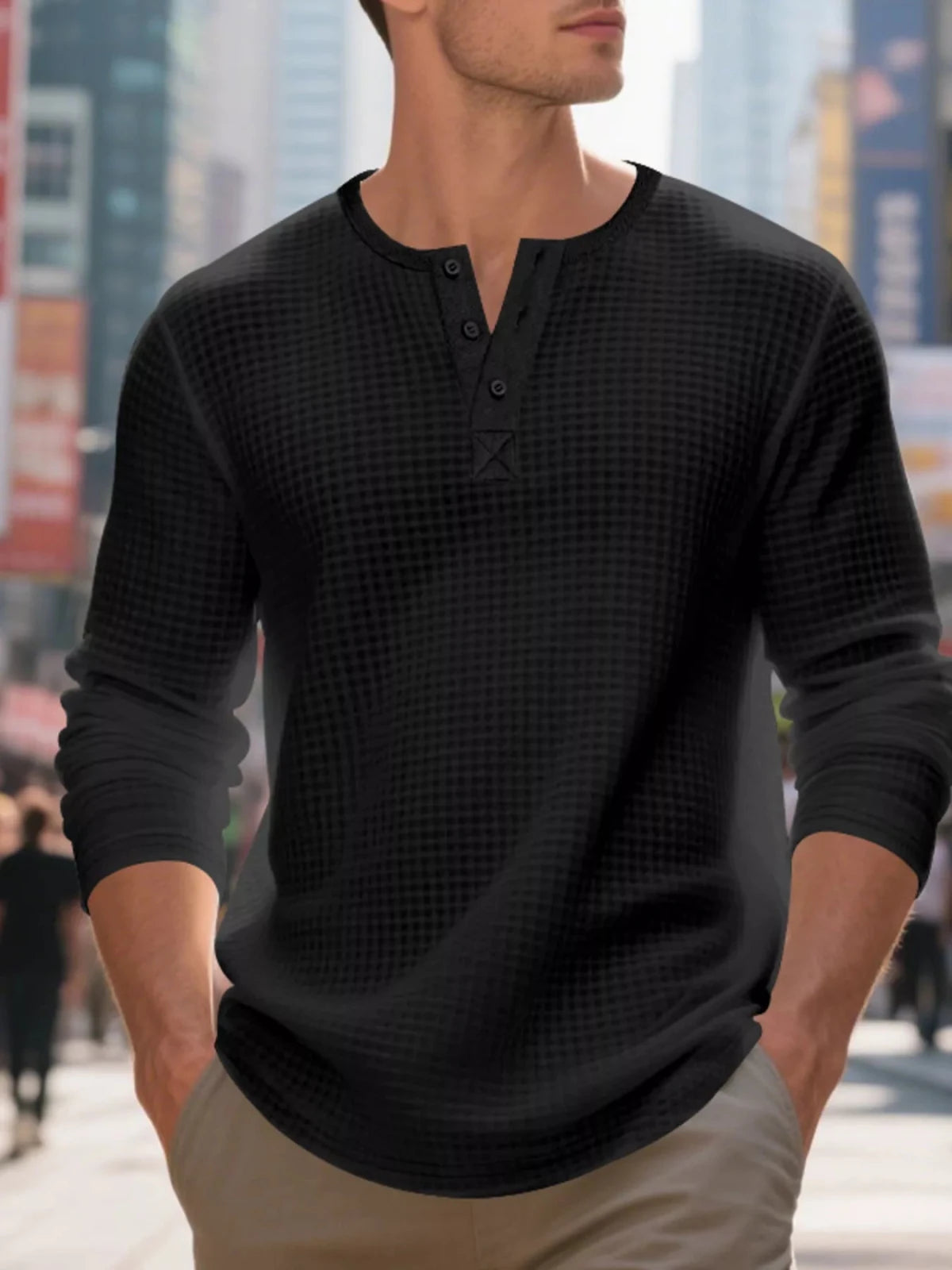 Men's Plus Size Casual Waffle Knit Henley T-Shirt in Black
