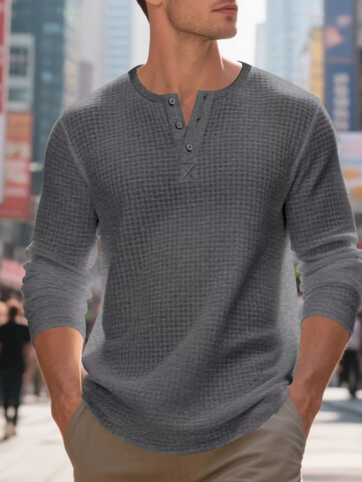 Men's Plus Size Casual Waffle Knit Henley T-Shirt in Dark Gray