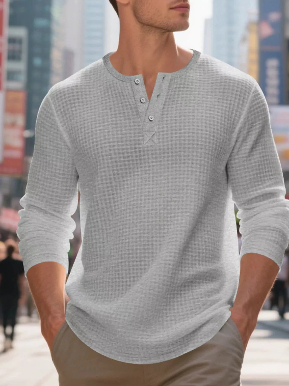 Men's Plus Size Casual Waffle Knit Henley T-Shirt in Light Gray