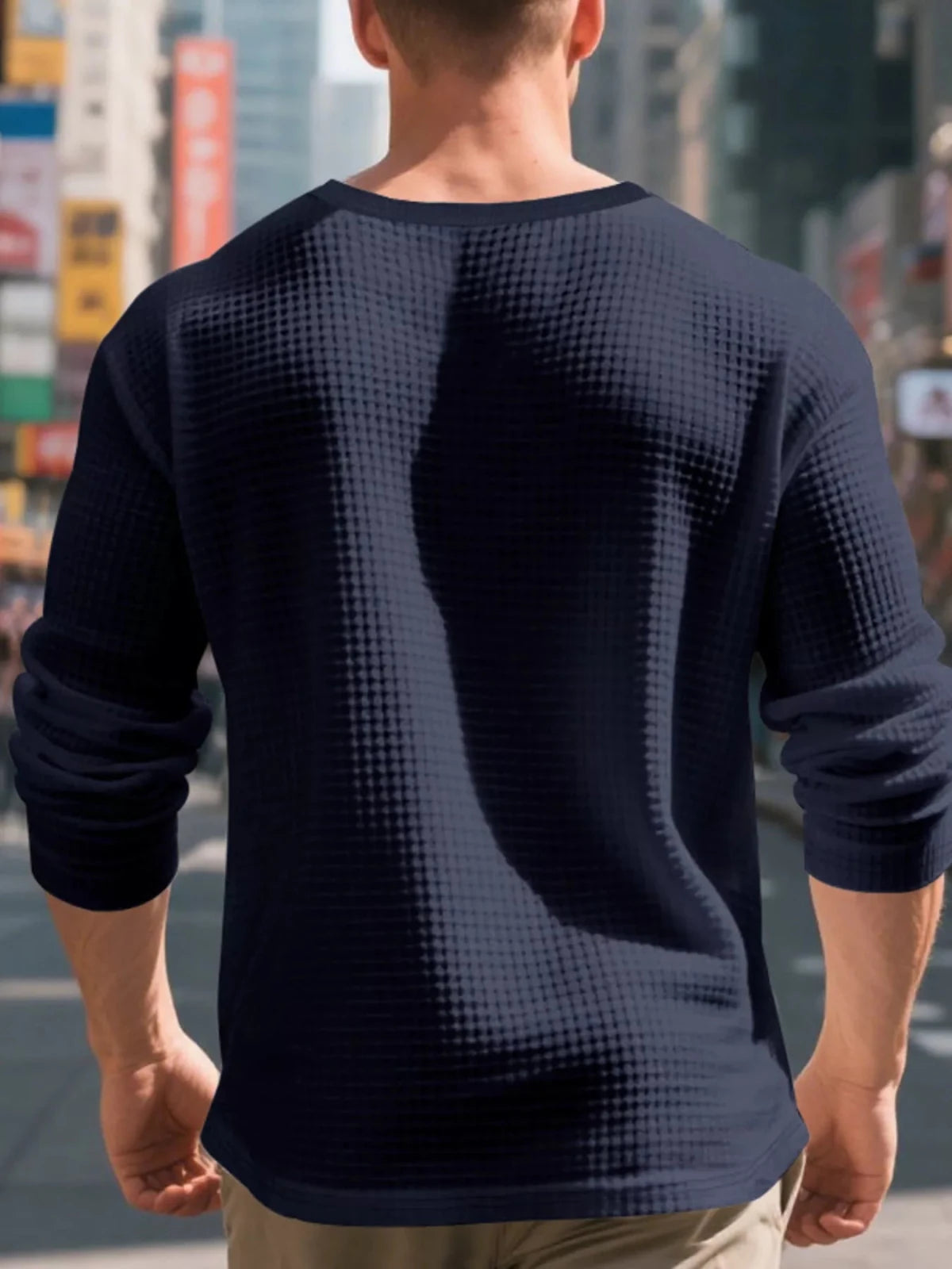Men's Plus Size Casual Waffle Knit Henley T-Shirt in Navy Blue