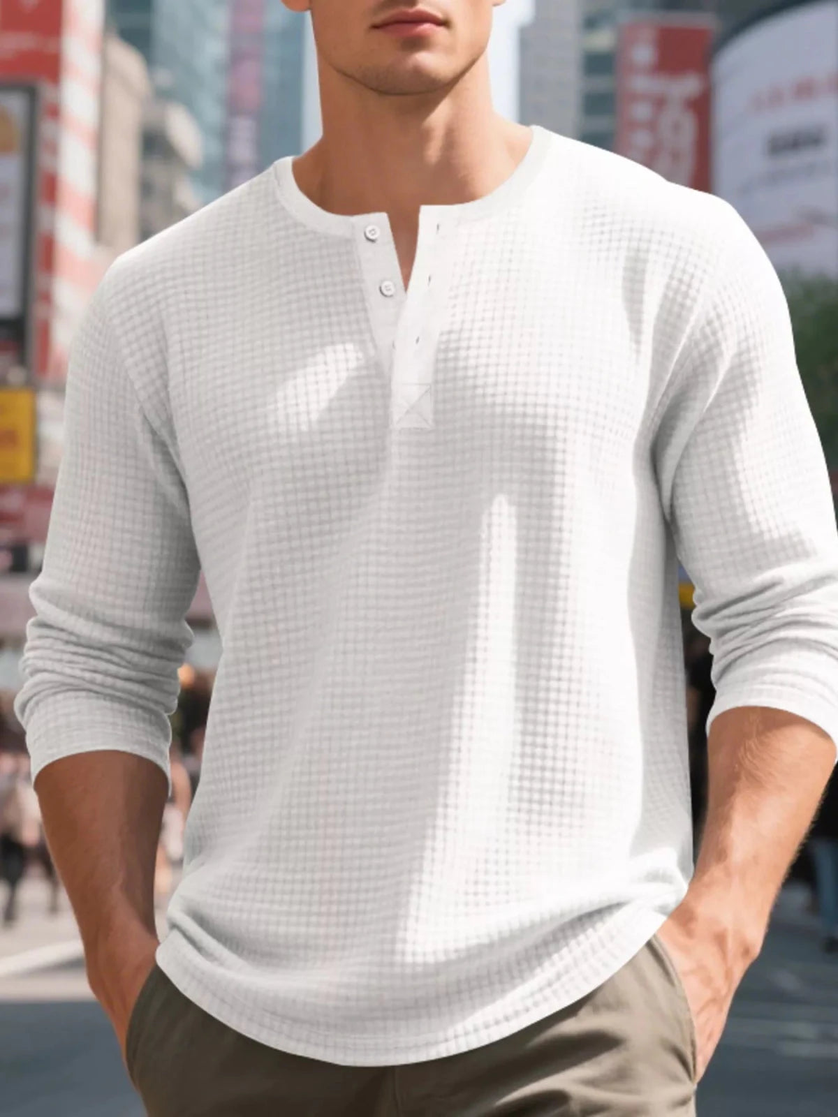 Men's Plus Size Casual Waffle Knit Henley T-Shirt in White