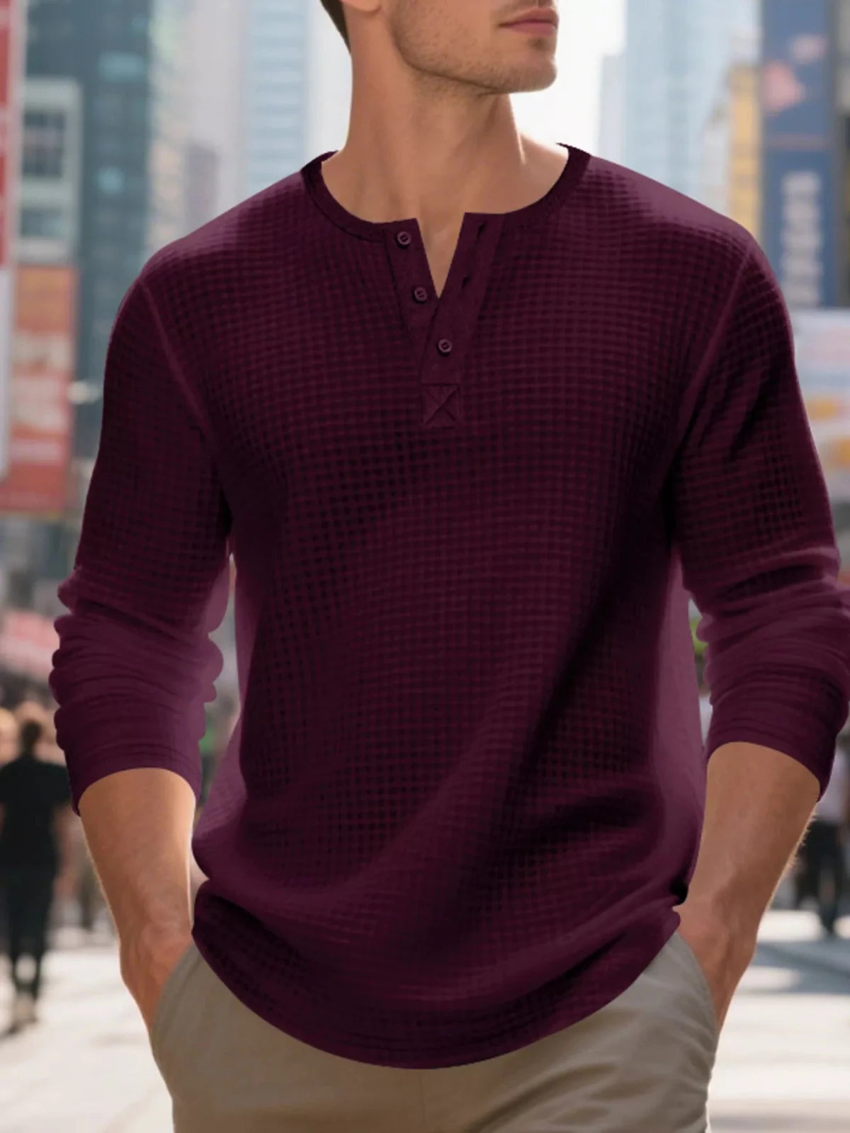 Men's Plus Size Casual Waffle Knit Henley T-Shirt in Wine Red