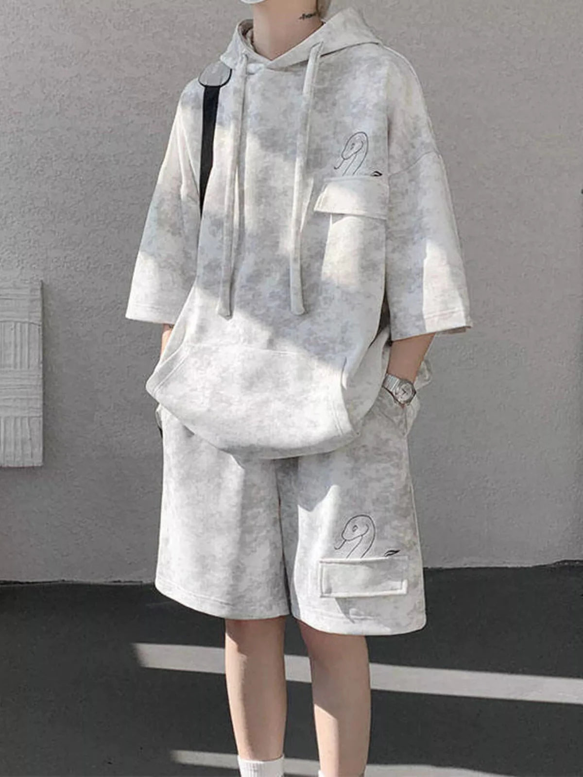 Men’s Plus Size Casual Washed Hoodie & Shorts Set | CozyFits in White
