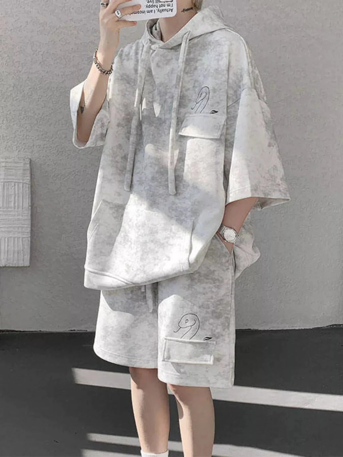 Men’s Plus Size Casual Washed Hoodie & Shorts Set | CozyFits in White