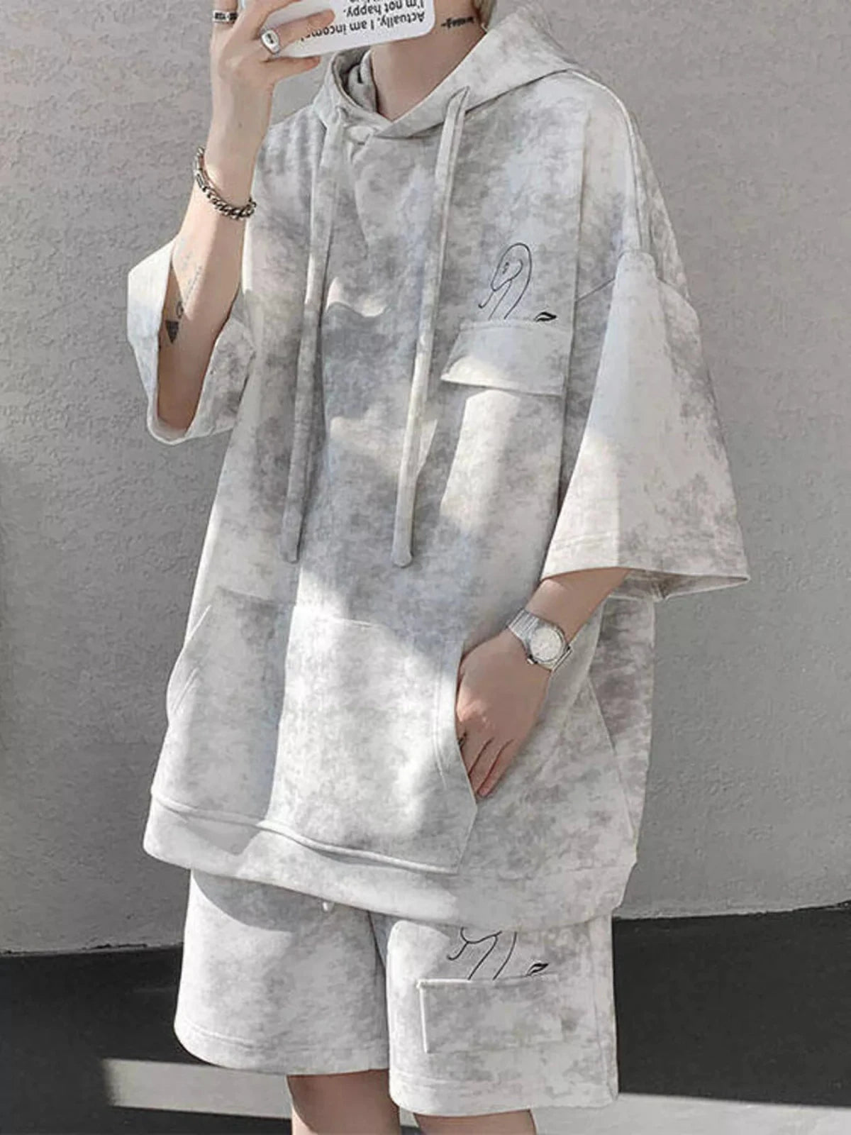 Men’s Plus Size Casual Washed Hoodie & Shorts Set | CozyFits in White