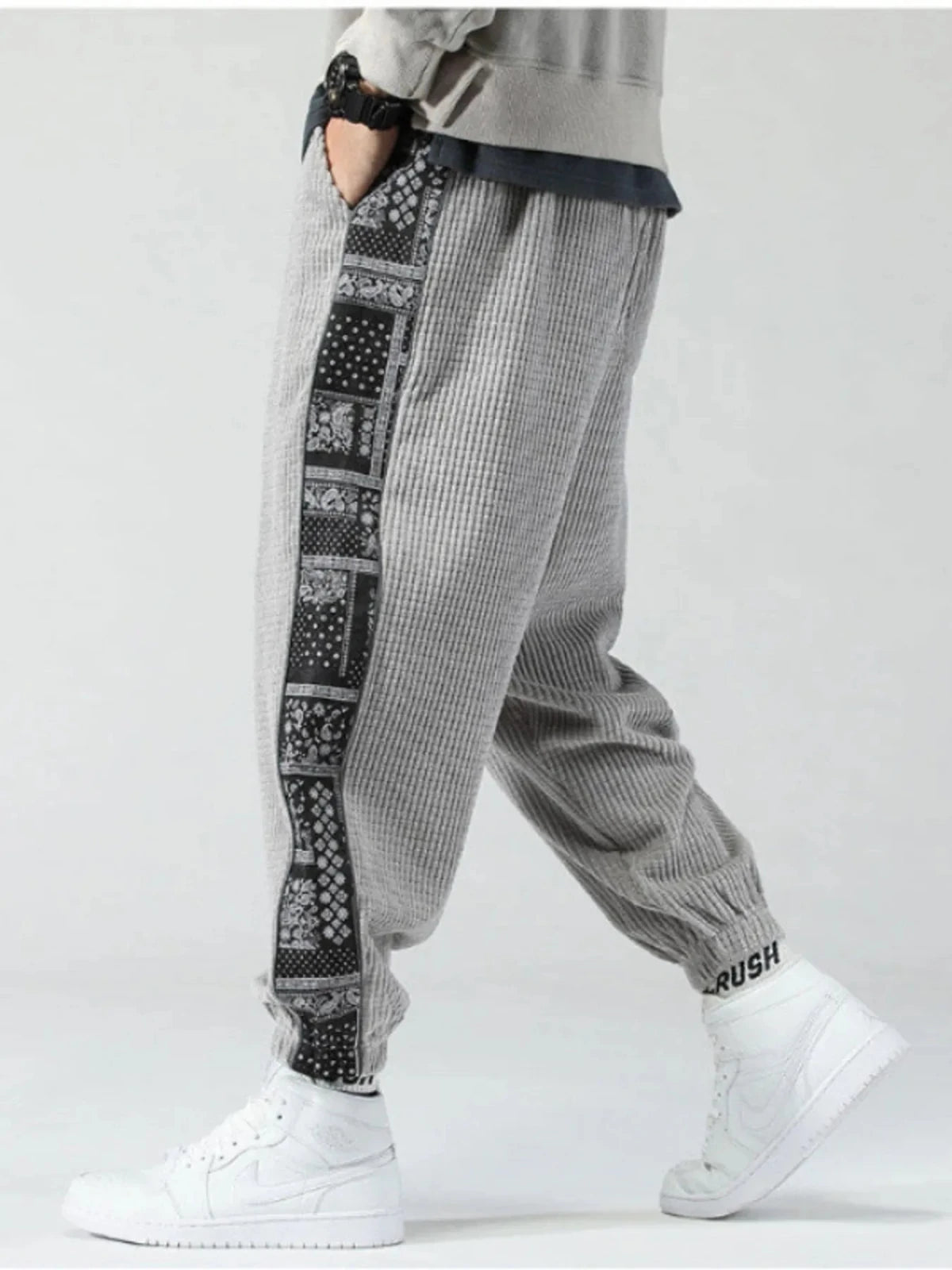 Men’s Plus Size Contrast Panel Drawstring Joggers | CozyFits in Light Gray