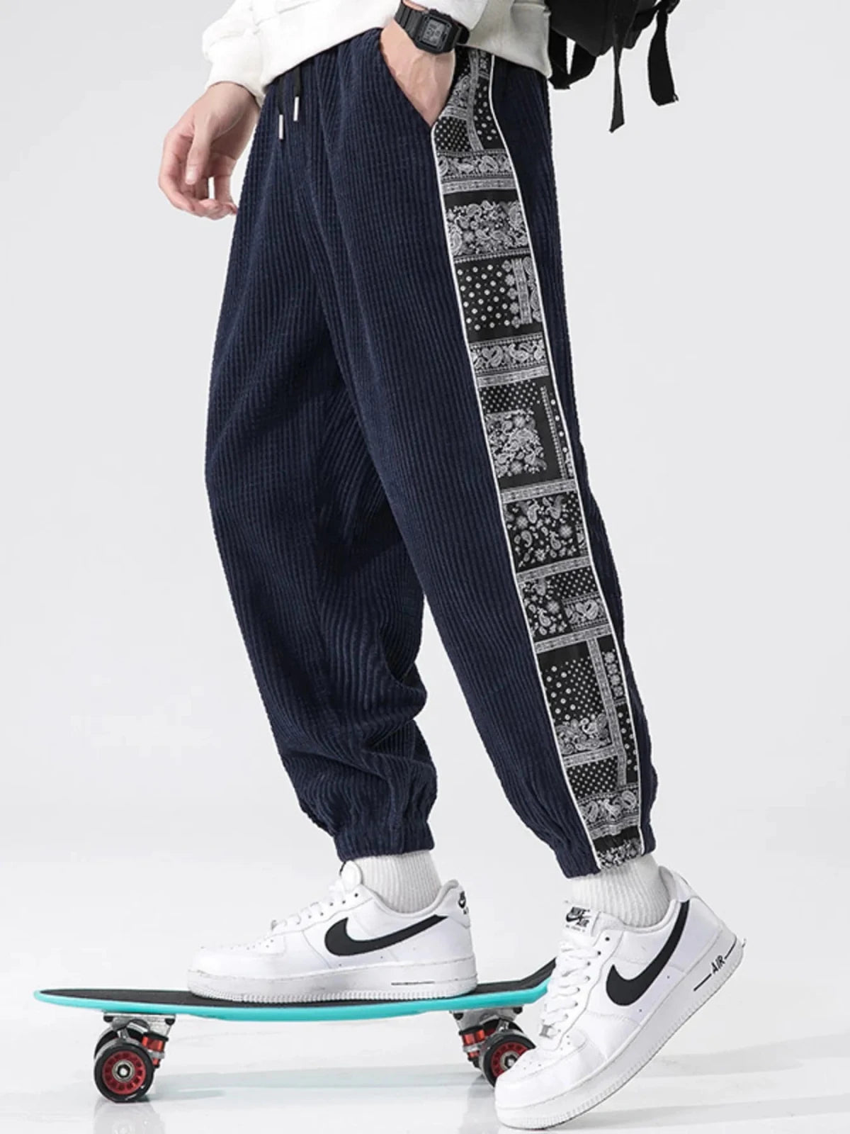 Men’s Plus Size Contrast Panel Drawstring Joggers | CozyFits in Navy Blue