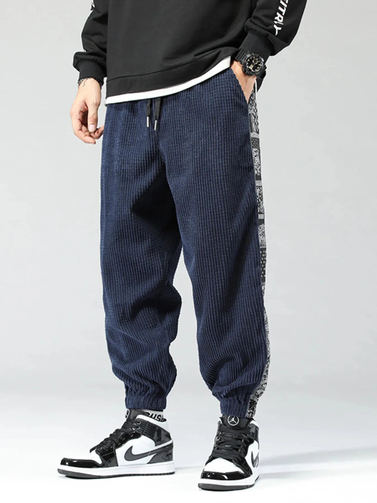 Men’s Plus Size Contrast Panel Drawstring Joggers | CozyFits in Navy Blue