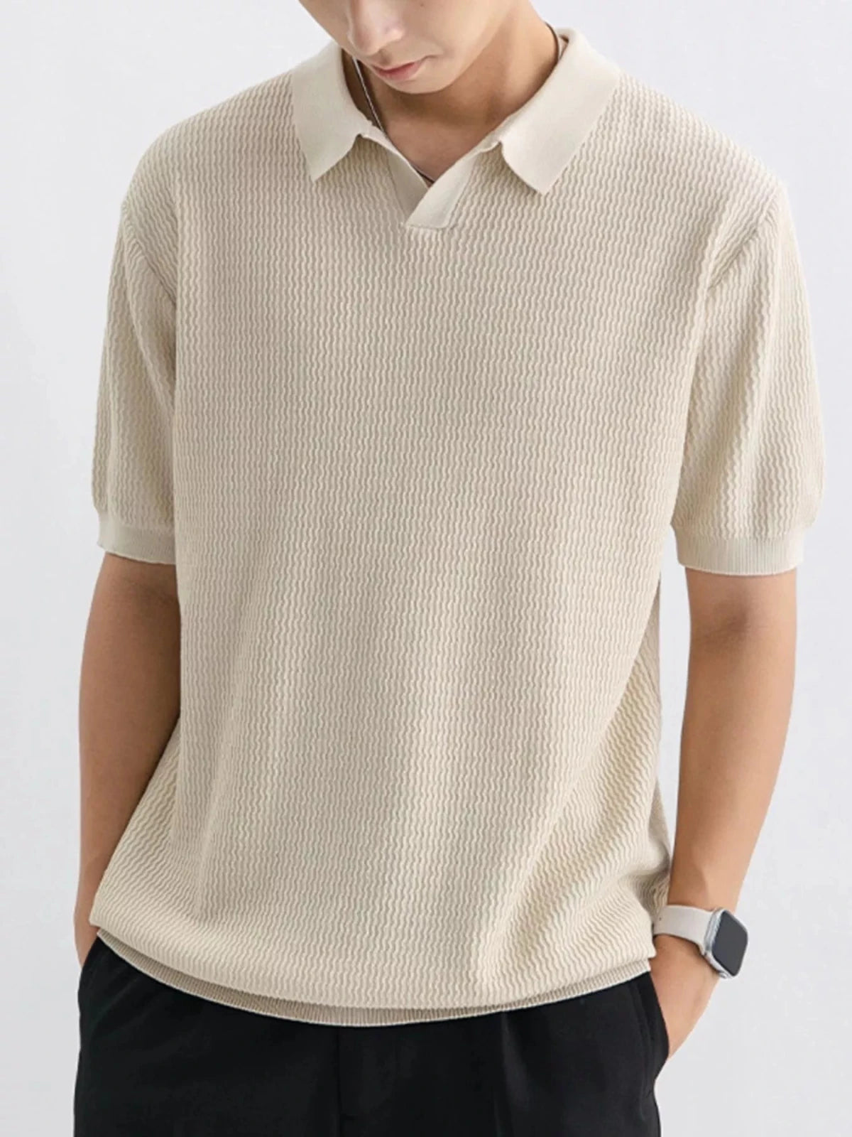 Men's Plus Size Textured Knit Short Sleeve Polo in Apricot