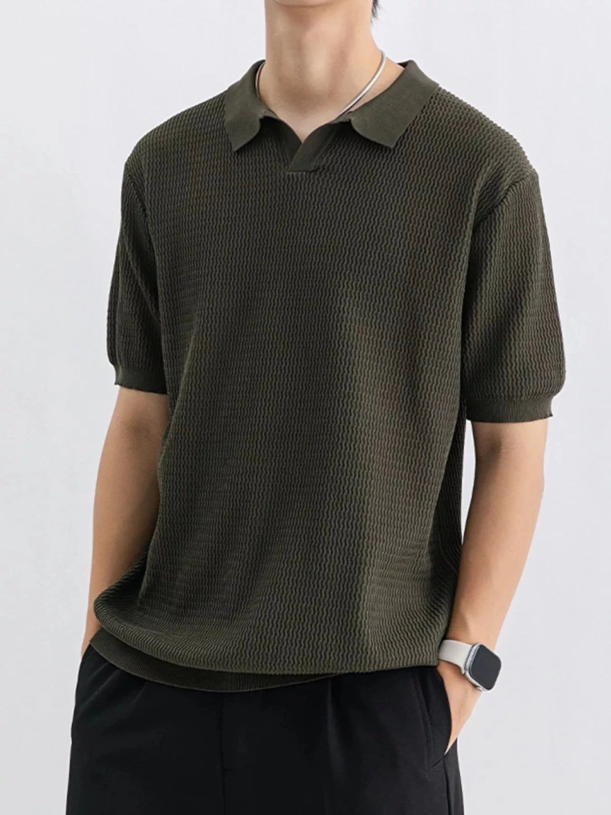 Men's Plus Size Textured Knit Short Sleeve Polo in Army Green