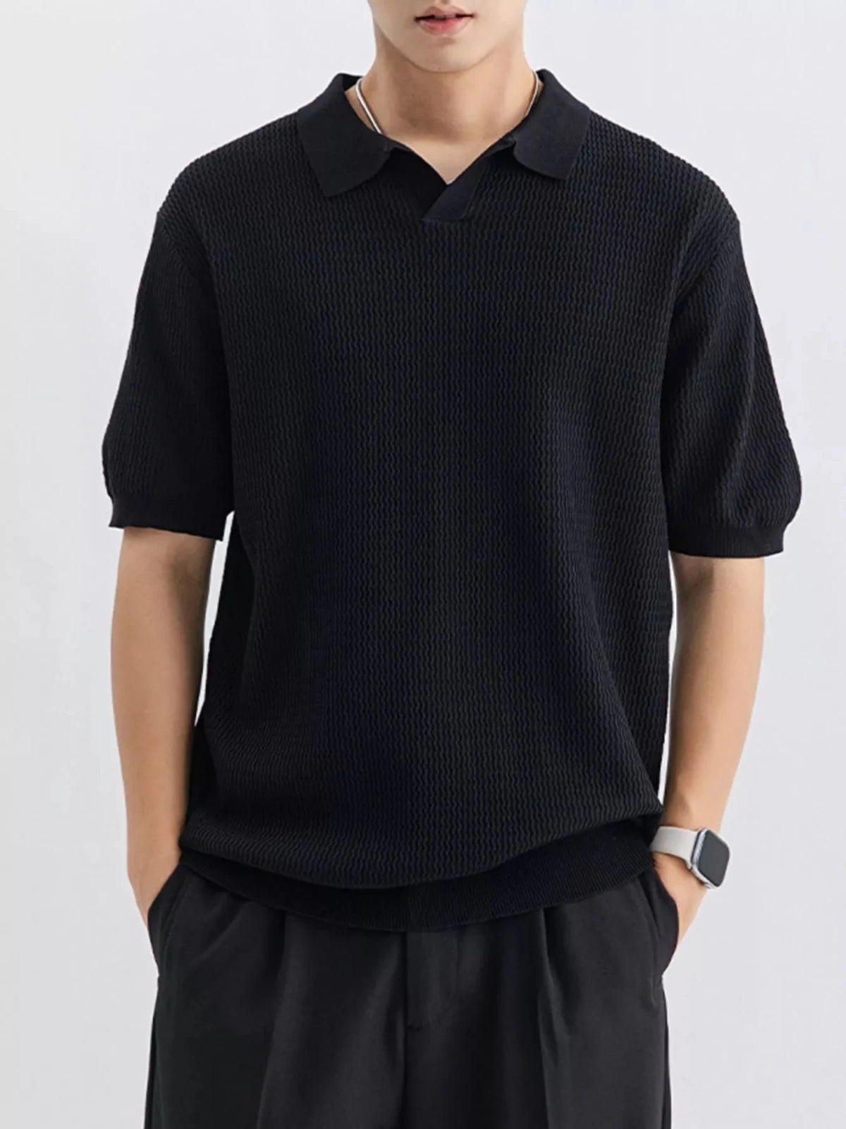 Men's Plus Size Textured Knit Short Sleeve Polo in Black