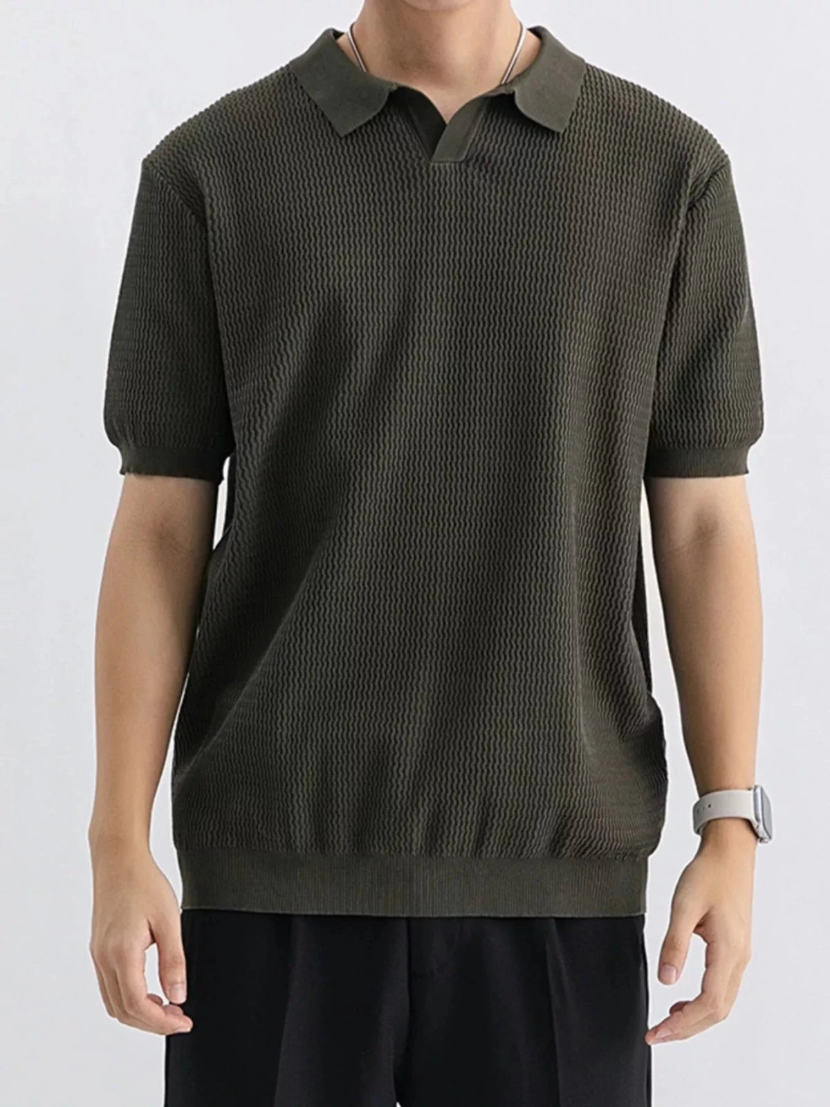 Men's Plus Size Textured Knit Short Sleeve Polo in Black