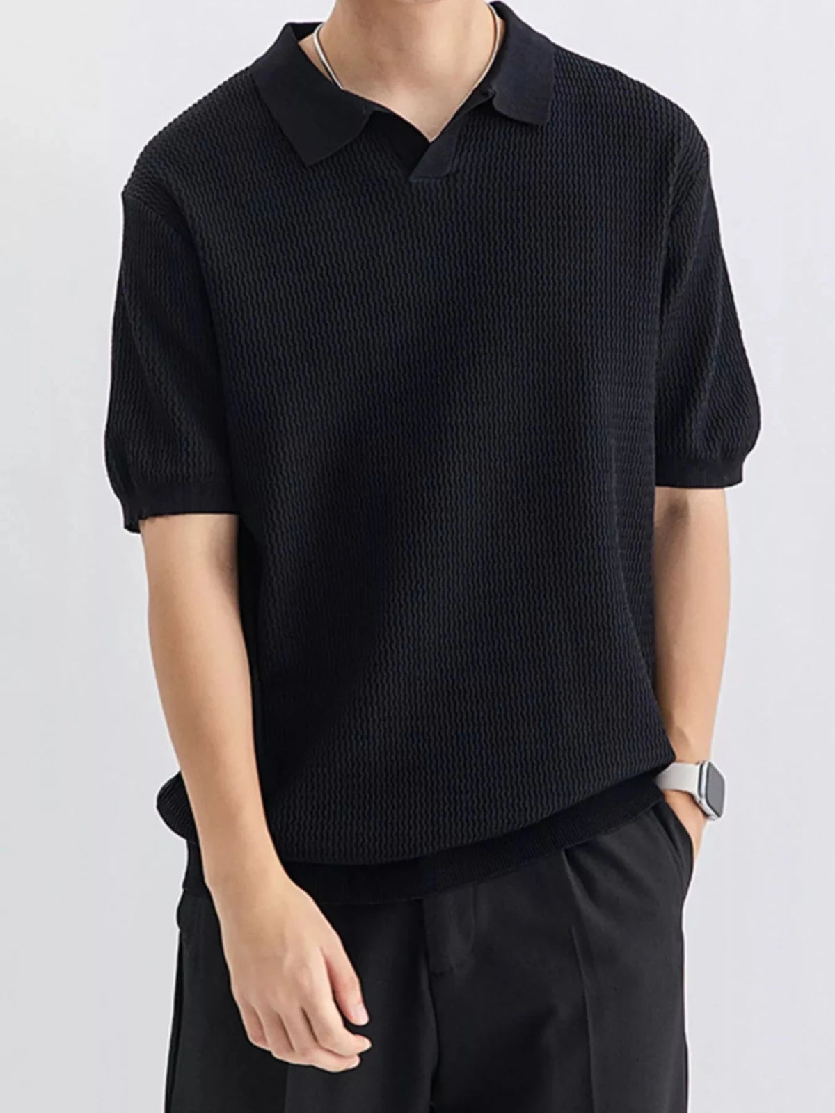 Men's Plus Size Textured Knit Short Sleeve Polo in Black