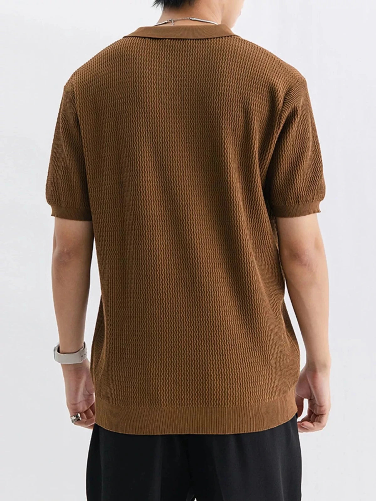 Men's Plus Size Textured Knit Short Sleeve Polo in Coffee