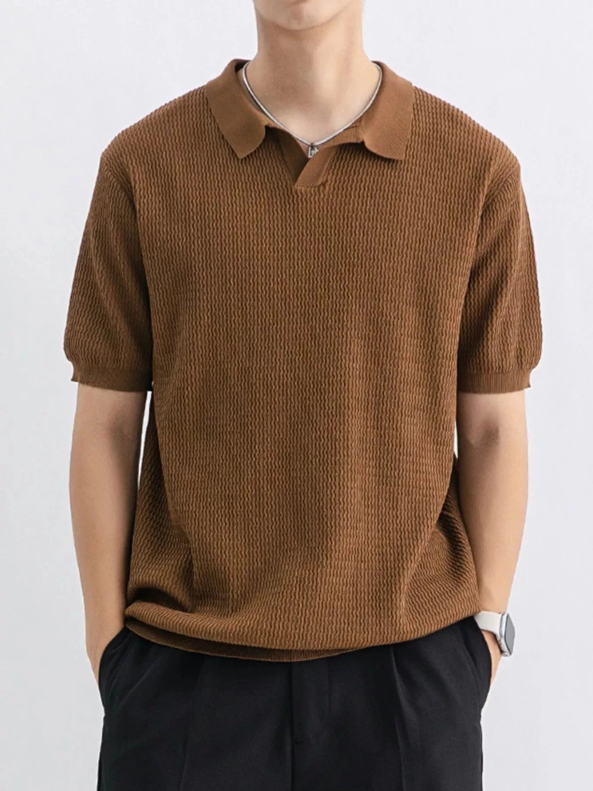 Men's Plus Size Textured Knit Short Sleeve Polo in Coffee
