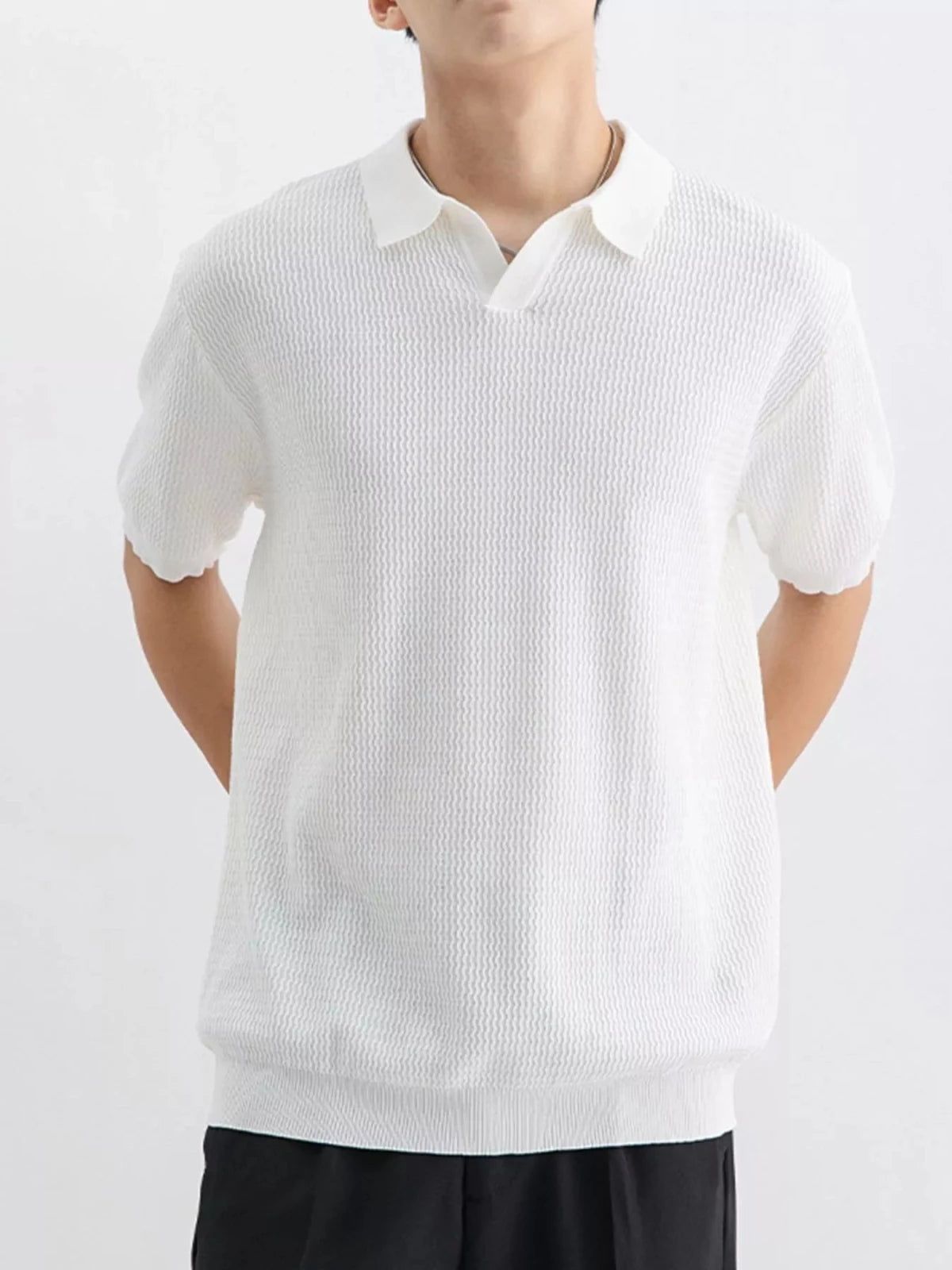 Men's Plus Size Textured Knit Short Sleeve Polo in White