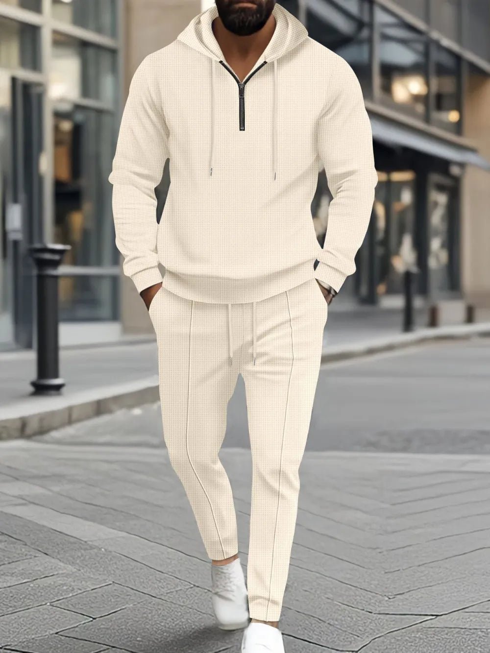 Men’s Waffle - Knit Half Zip Hoodie and Pants Set | CozyFits in Beige