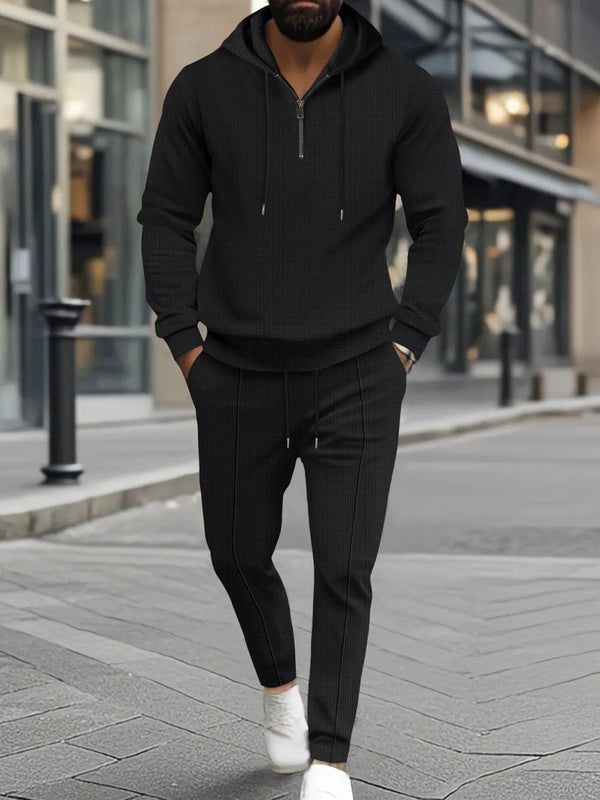 Men’s Waffle - Knit Half Zip Hoodie and Pants Set | CozyFits in Black