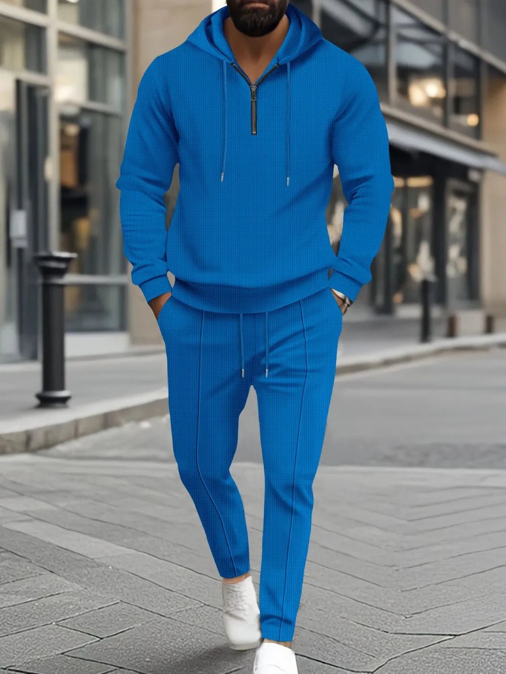 Men’s Waffle - Knit Half Zip Hoodie and Pants Set | CozyFits in Blue