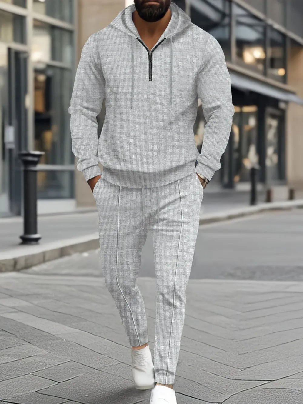 Men’s Waffle - Knit Half Zip Hoodie and Pants Set | CozyFits in Gray