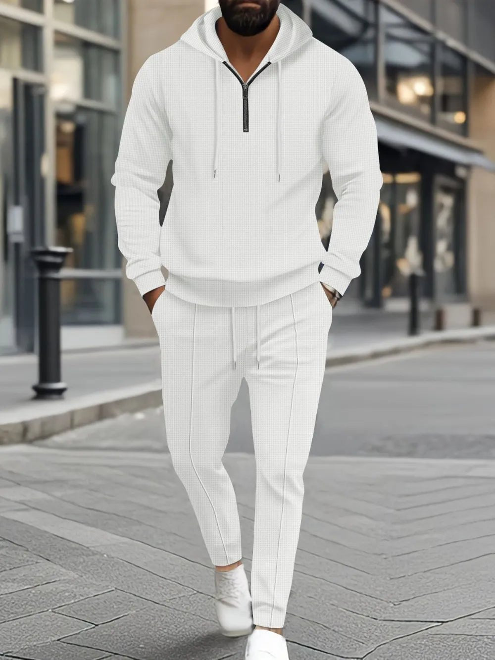 Men’s Waffle - Knit Half Zip Hoodie and Pants Set | CozyFits in White