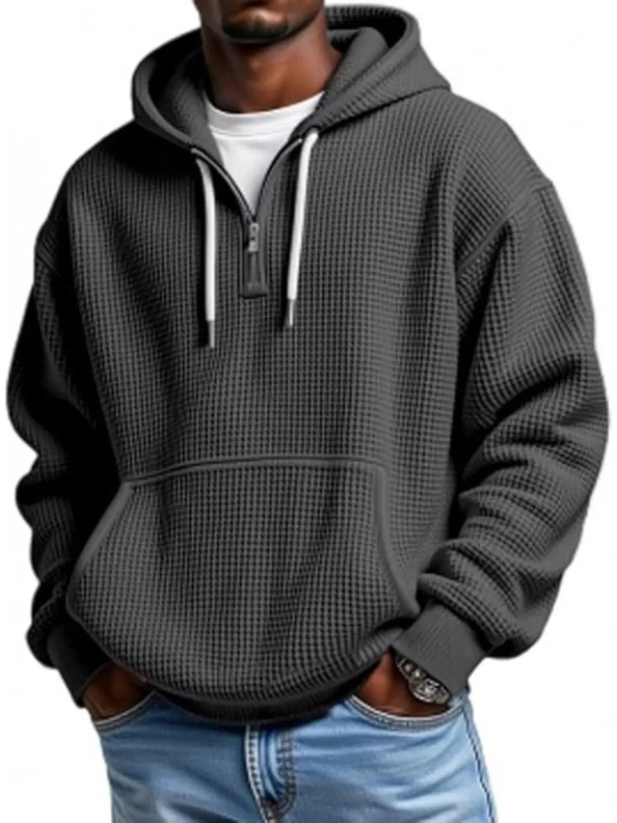 Men’s Waffle Knit Quarter Zip Hoodie – Relaxed Fit Pullover | CozyFits in Army Green