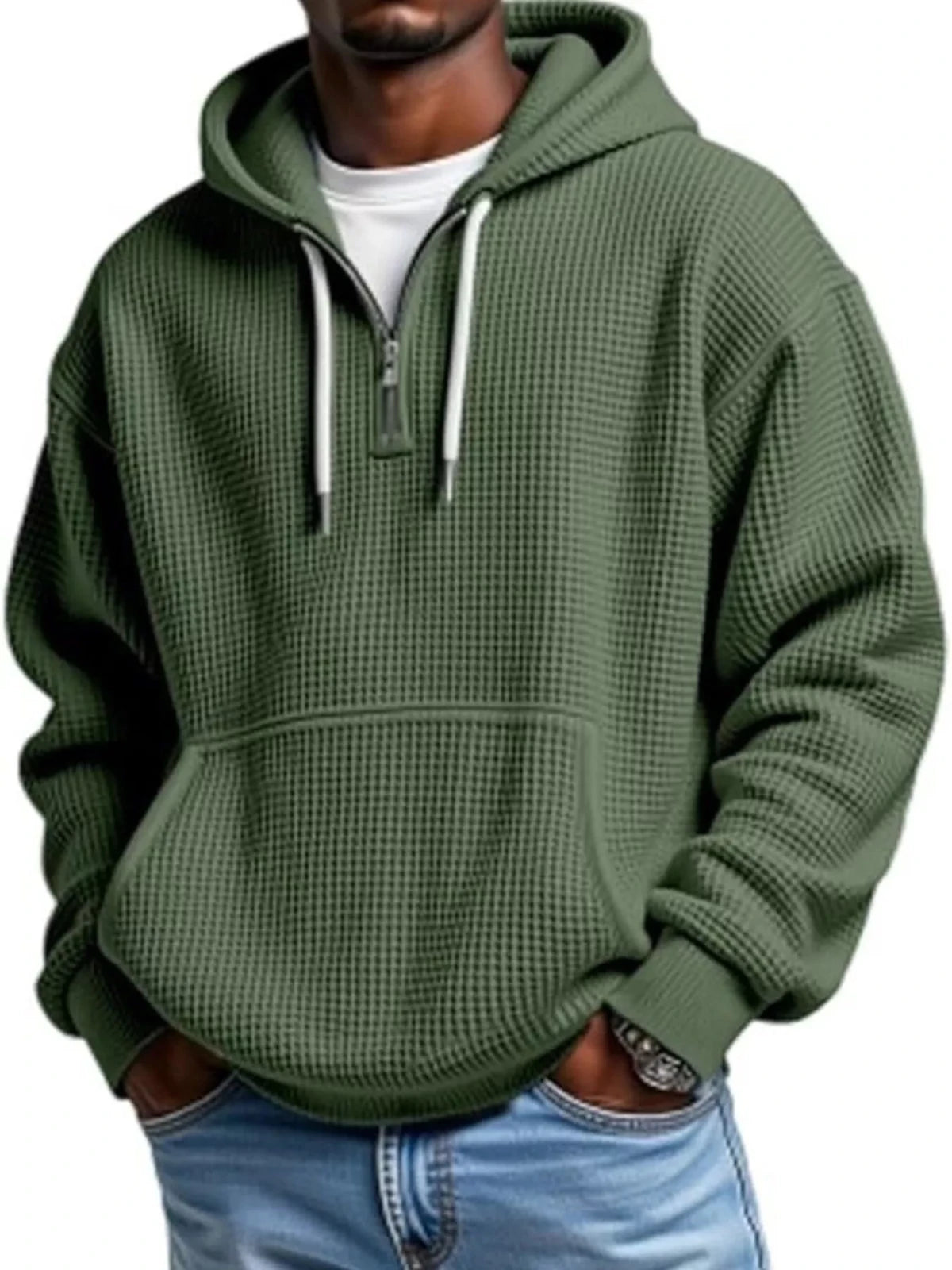Men’s Waffle Knit Quarter Zip Hoodie – Relaxed Fit Pullover | CozyFits in Dark Green