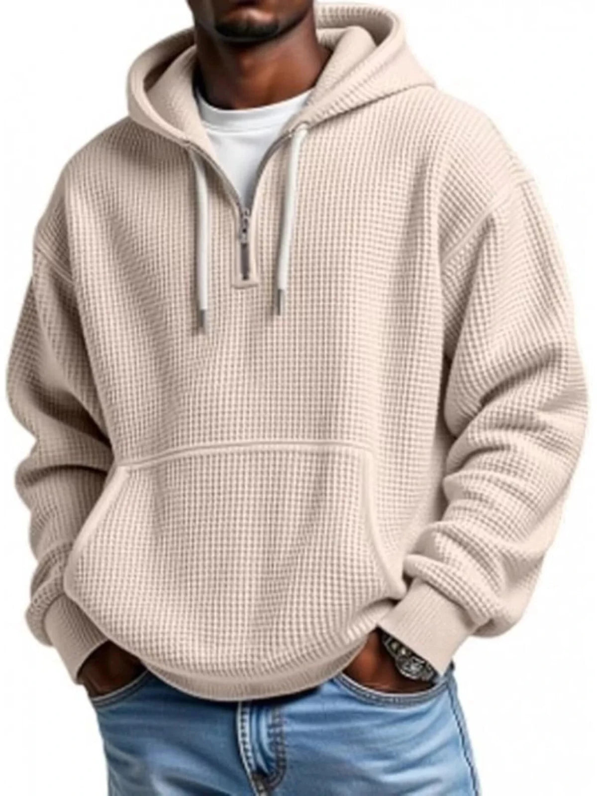 Men’s Waffle Knit Quarter Zip Hoodie – Relaxed Fit Pullover | CozyFits in Dust Storm