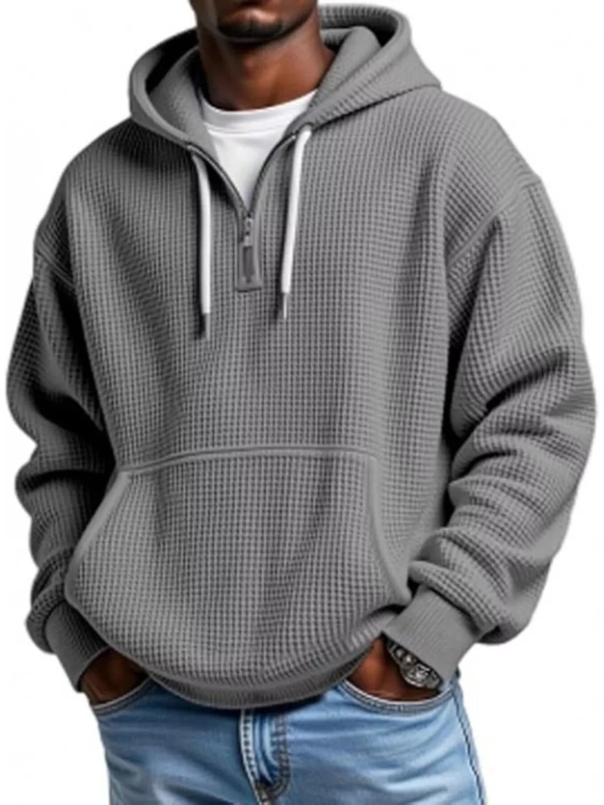 Men’s Waffle Knit Quarter Zip Hoodie – Relaxed Fit Pullover | CozyFits in Gray